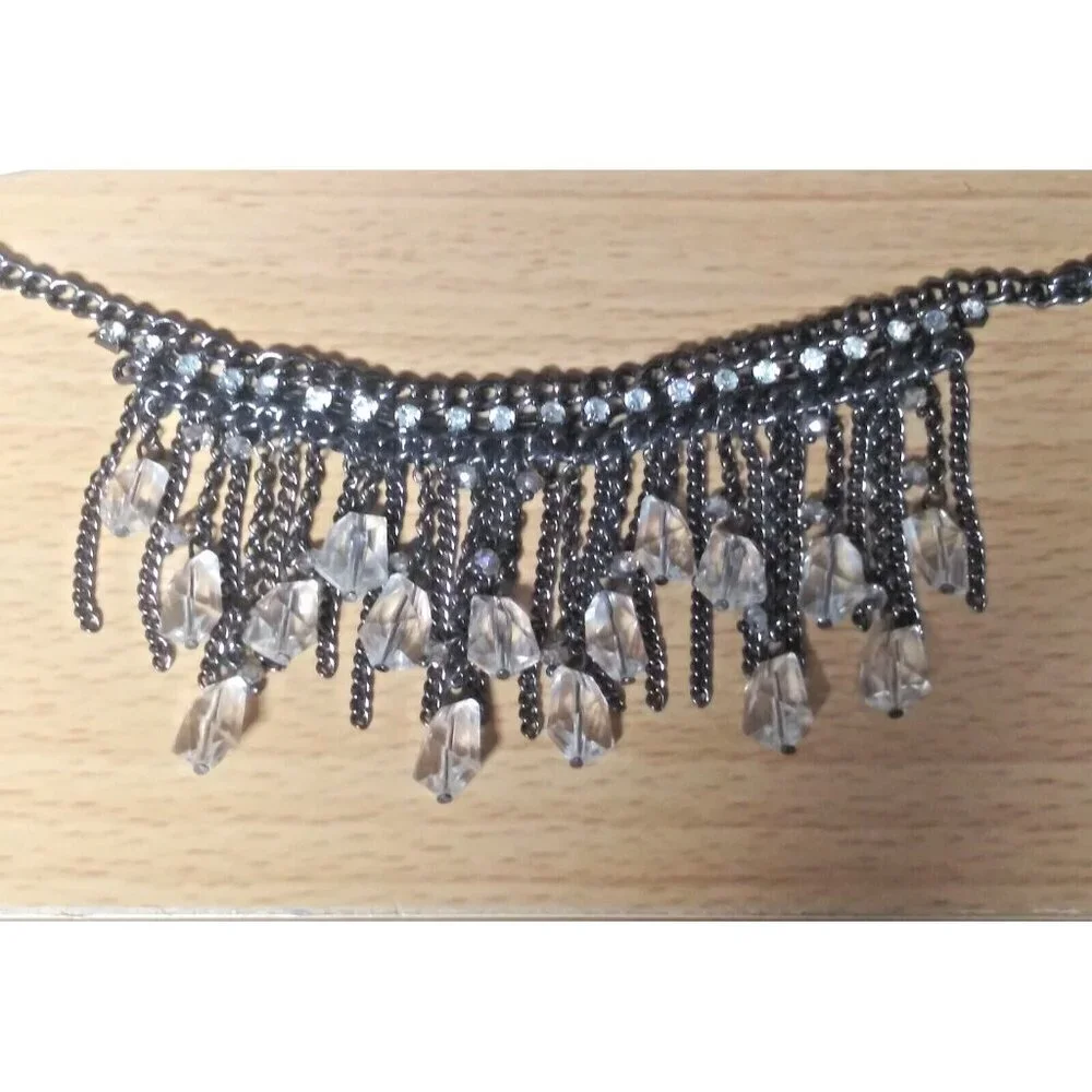 Flapper Tassel Fringe Necklace Choker oxidized gray with clear rhinestones EUC